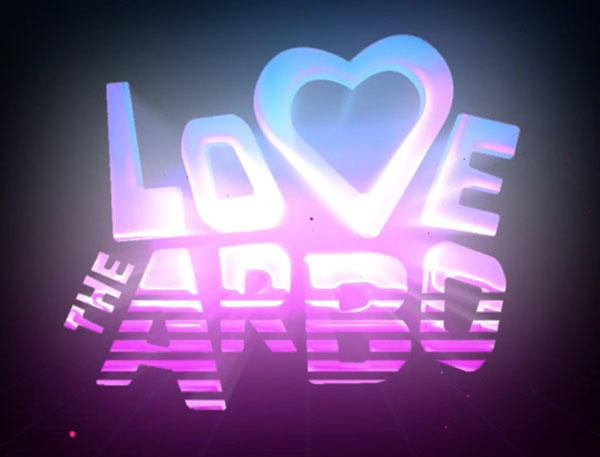 A student media installation that features lit up words stating "Love the Arbo"