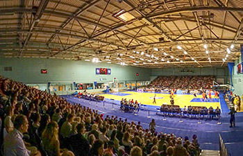 The Worcester University Arena full of people during a basketball game