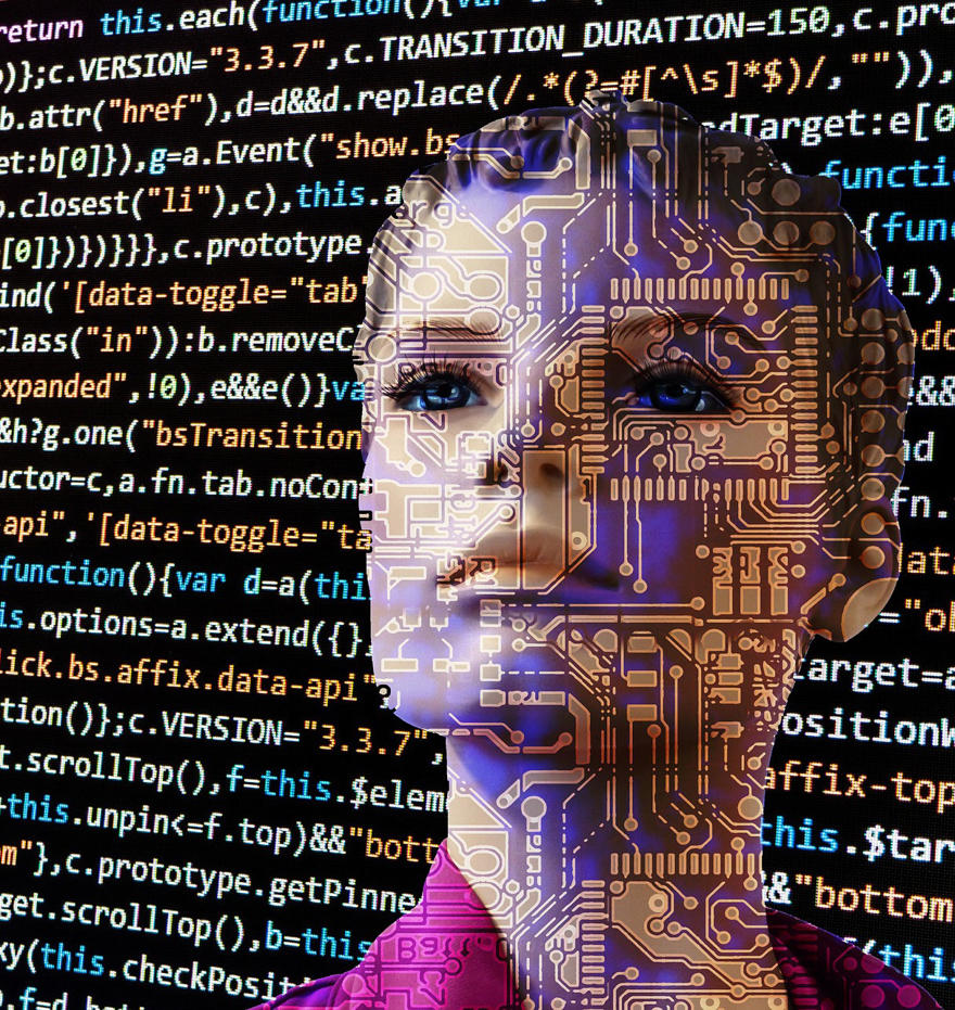 A computer generated image of a woman's face is surrounded by code