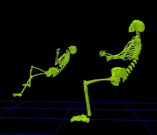 motion of green skeleton slow jumping on a black background, capturing motor analysis in MPC